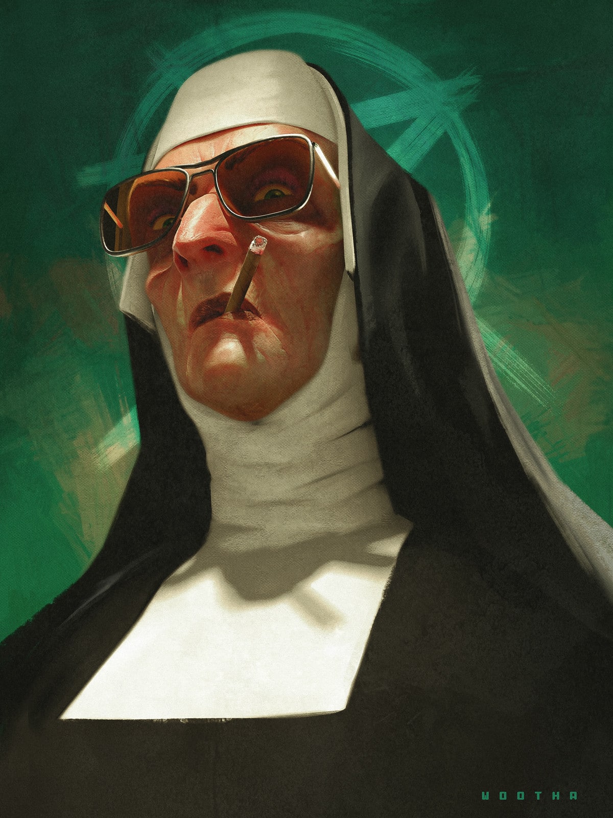 Artwork by Stéphane Wootha Richard. A nun with a cigarette and a pentagram.